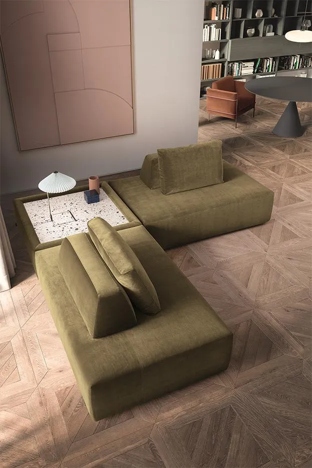 Salotto con arredamento Felis e divano color verde militare