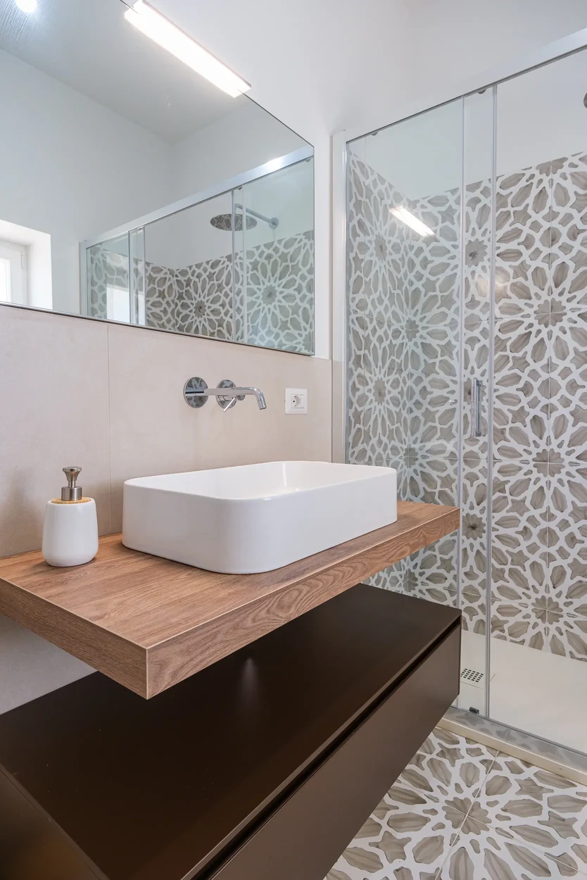 Lavabo a scodella con doccia rivestita con piastrelle decorate